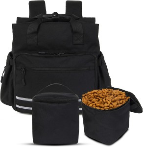 Conjunto de mochila de viagem para animais de estimação com 2 recipientes de armazenamento de alimentos Mochila de viagem para cães Bolsa tote de suprimentos para animais de estimação